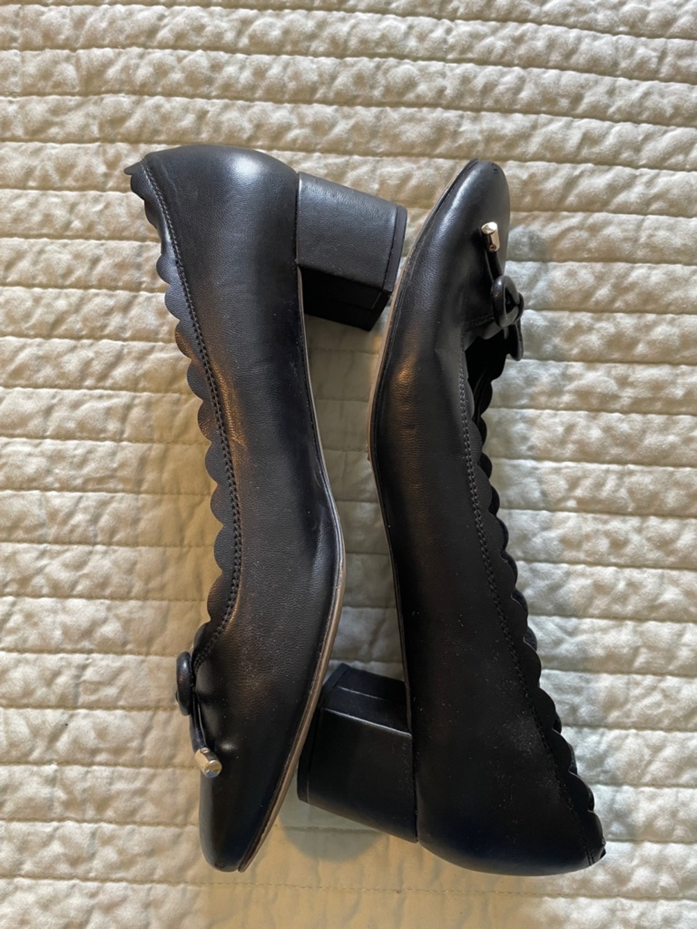 Kelly & Katie Black Scalloped Block Heel Pumps